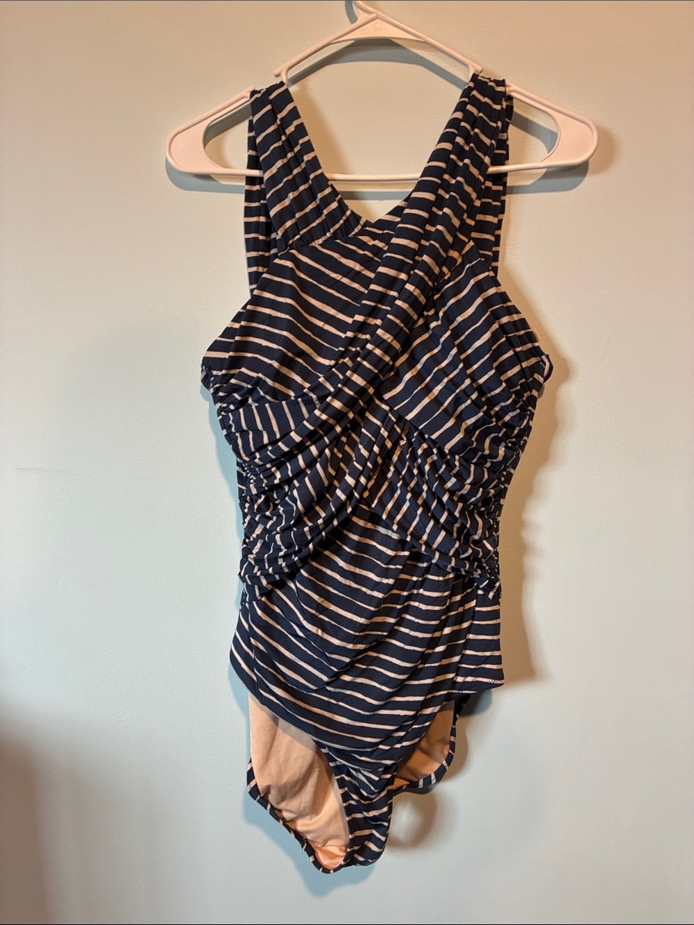 Garnet Hill Navy and Cream Striped One-Piece Swimsuit